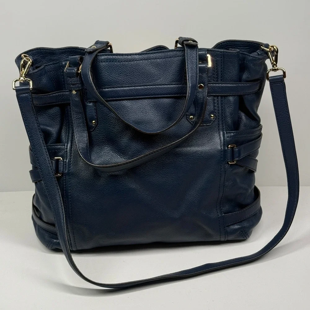 Michael Kors Gansevoort Tote Blue Leather Magnetic Snap Dual Handle Medium Bag